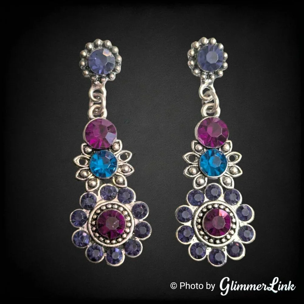 Boho Flower Drop Earrings – Purple Blue Fuchsia Rhinestone Statement Dangles